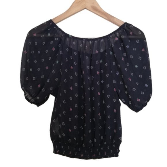 Hollister Floral Navy Blue Peasant Top Blouse - Picture 9 of 10